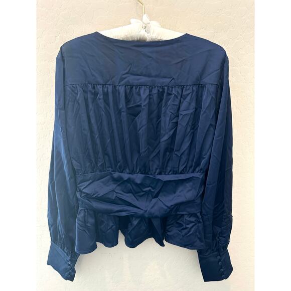 JASON WU | Navy Satin Peplum Blouse Top Long Sleeve V-Neck NWT | Size Large - Picture 5 of 7